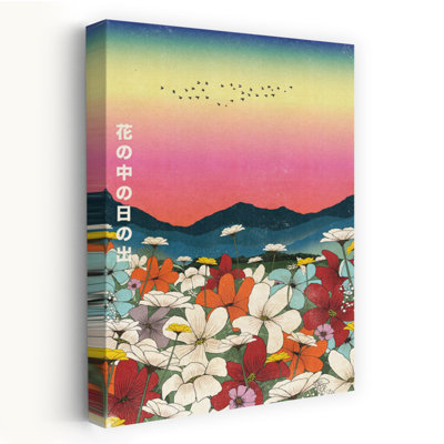Japanese Flower Field Sunset Contemporary Wall Art Print 1 Piece Wrapped Canvas Wall Art