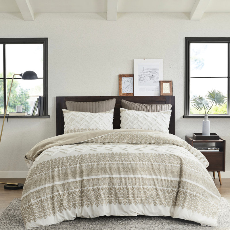 Housse de couette complète 3 pièces avec capitonnage en chenille, style moderne, imprimé, réversible taupe, fermeture à boutons, lavable double / grand, revers uni en coton élégant, machine