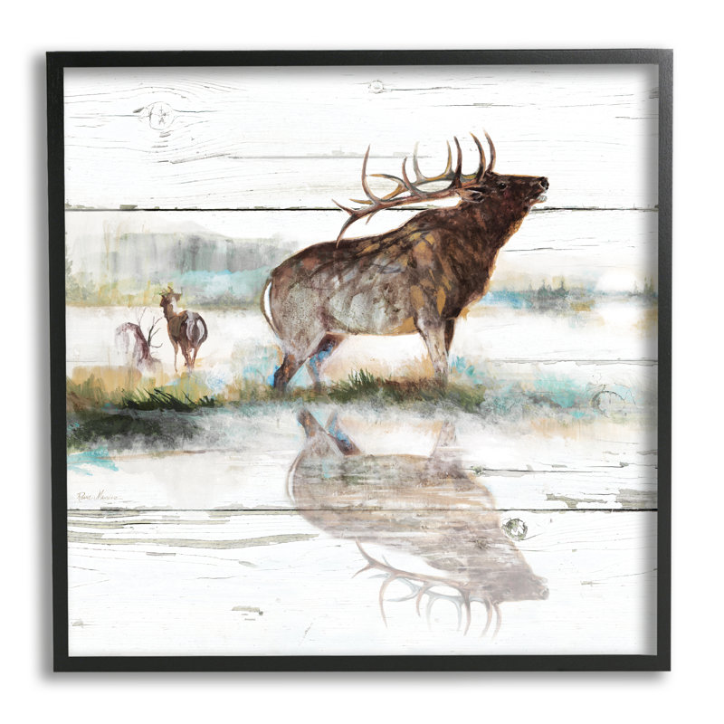 Elk and Wild Deer Forest Animal Watering Hole Black, estampe numérique encadrée, art texturé par Ruane Manning