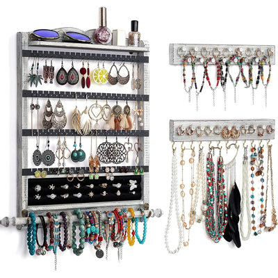 Organisateur de bijoux mural, organisateur de bijoux suspendu 3 pièces, support à bijoux en bois, blanc
