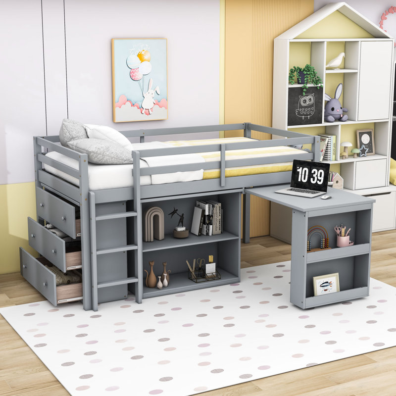 Lit mezzanine simple bas avec bureau intégré, armoire à tiroirs et armoire à tablettes, gris