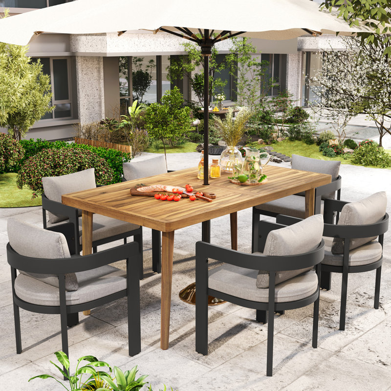 Ensemble de salle à manger Elko Janiyah 7PCS, 6, Coussin beige, structure noire