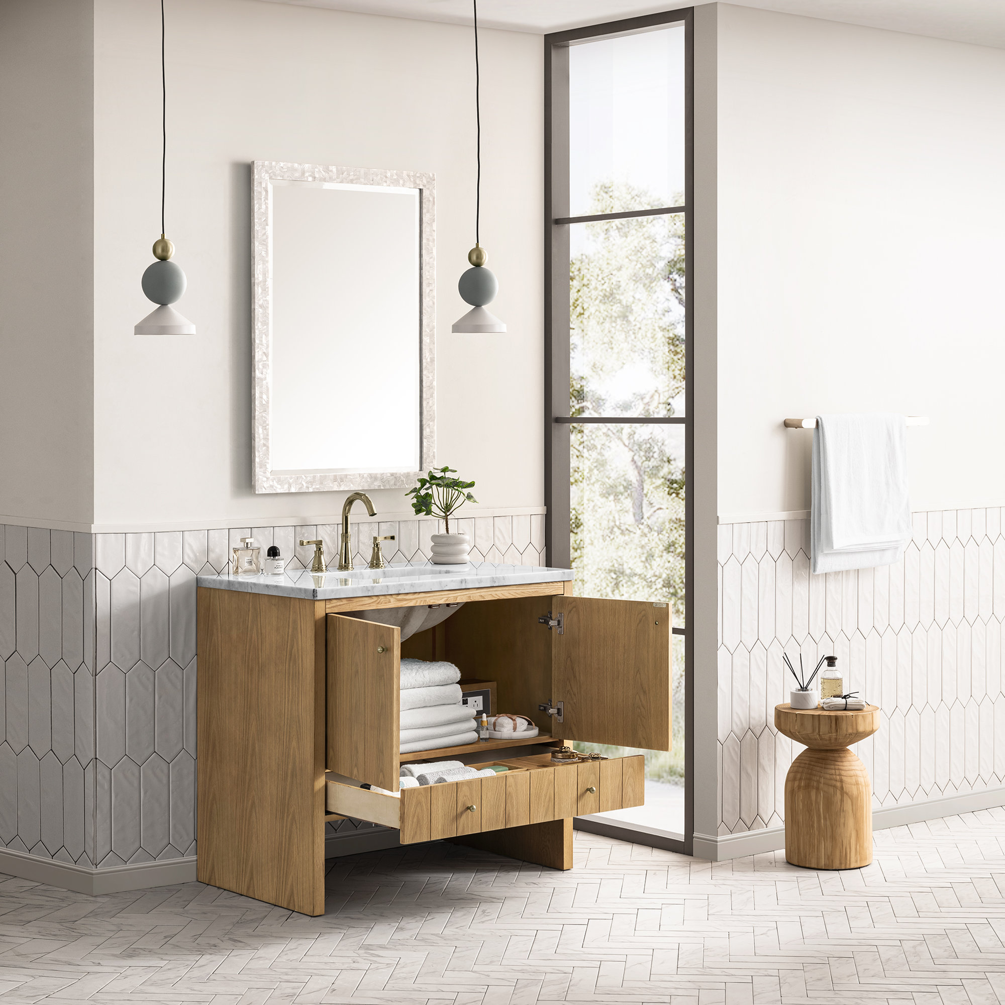 Hudson 36'' Single Bathroom Vanity, Mid-Century Walnut, Light Natural Oak, 8" Widespread