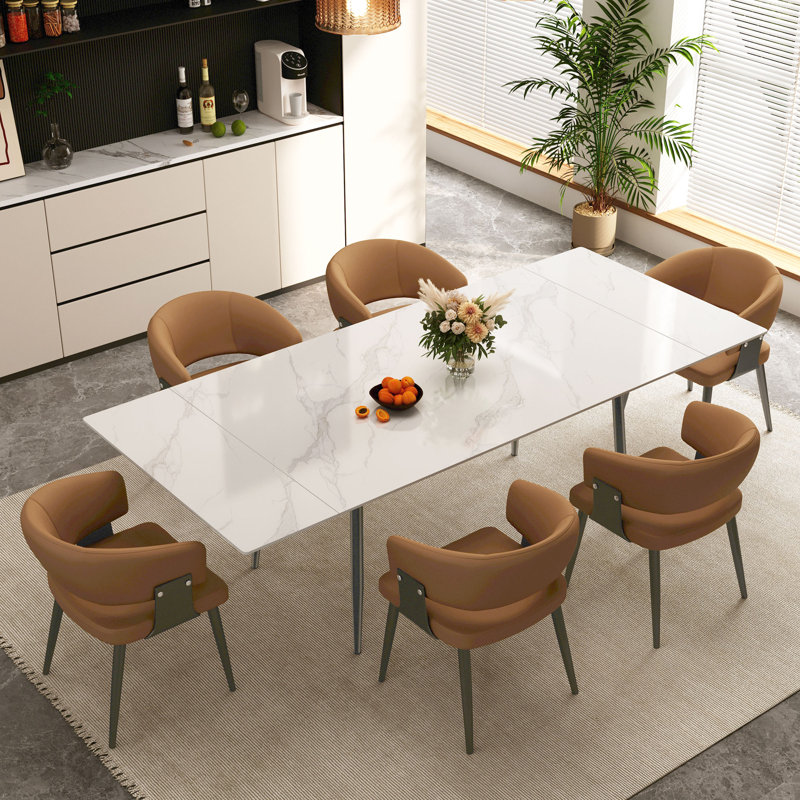 Expandable White Sintered Stone Dining Table And Chair Set, Brown, 7 Pieces: Table, 6 Chairs