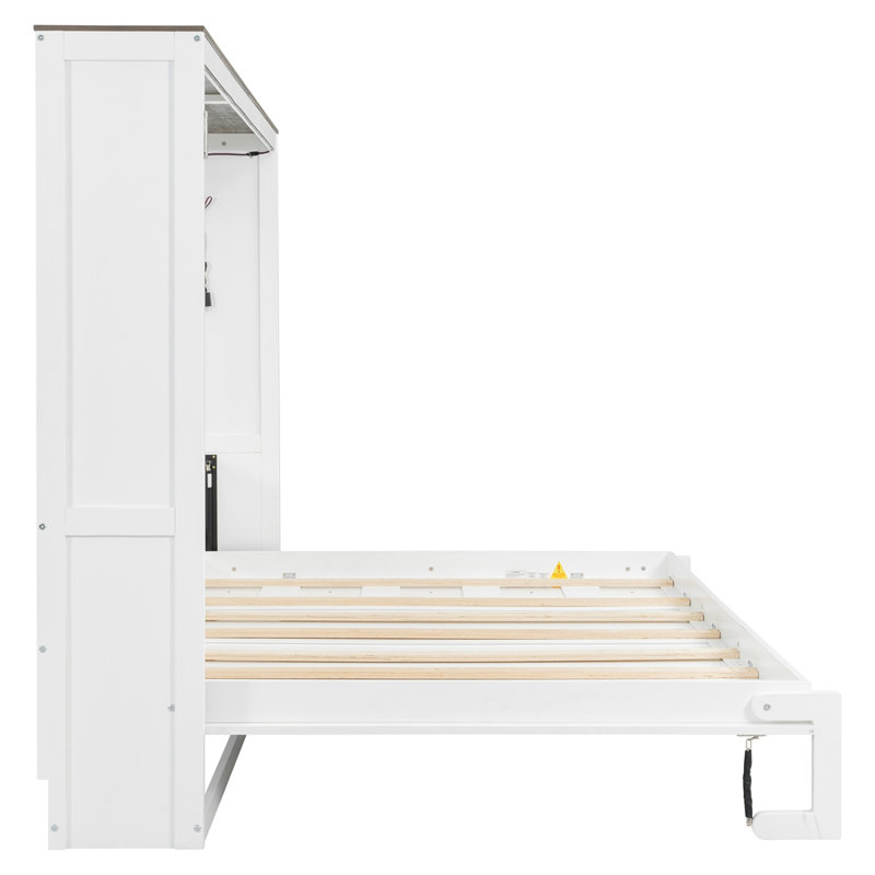 Grand lit escamotable avec lumière DEL, peut être plié dans une armoire, armoire de lit murale cachée, blanc et brun, Blanc