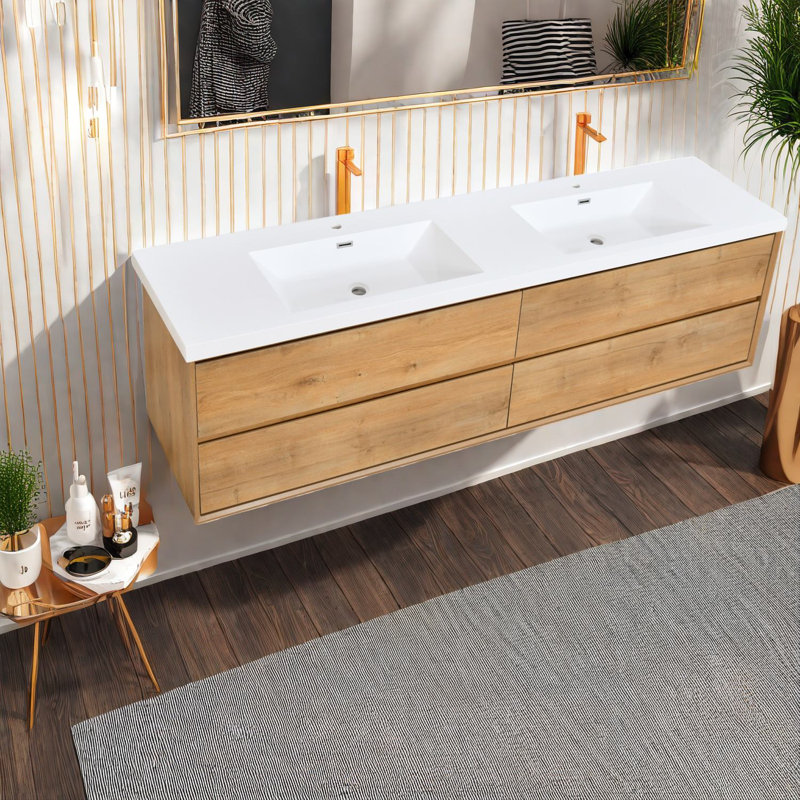 Meuble-lavabo mural spacieux en bois moderne avec lavabo en résine