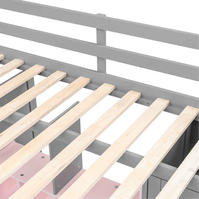Lit mezzanine en bois avec garde-robe, tablettes et armoire, Rose / Gris, Lit double