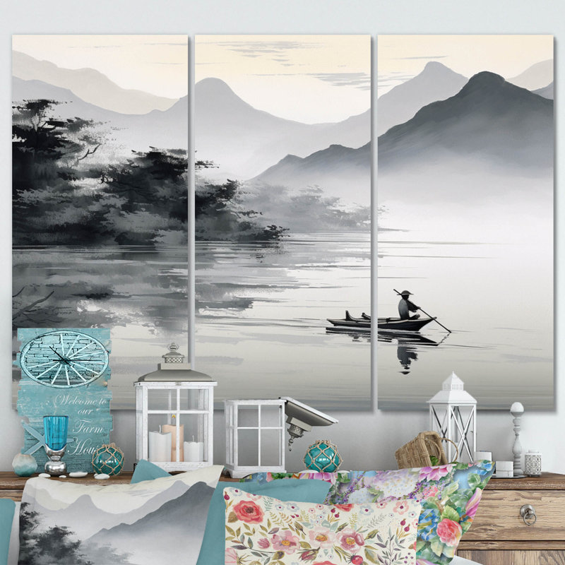 Asian Art Canoe Boat I - 3 pièces sur toile tendue, H 28 po x l 36 po x P 1 po