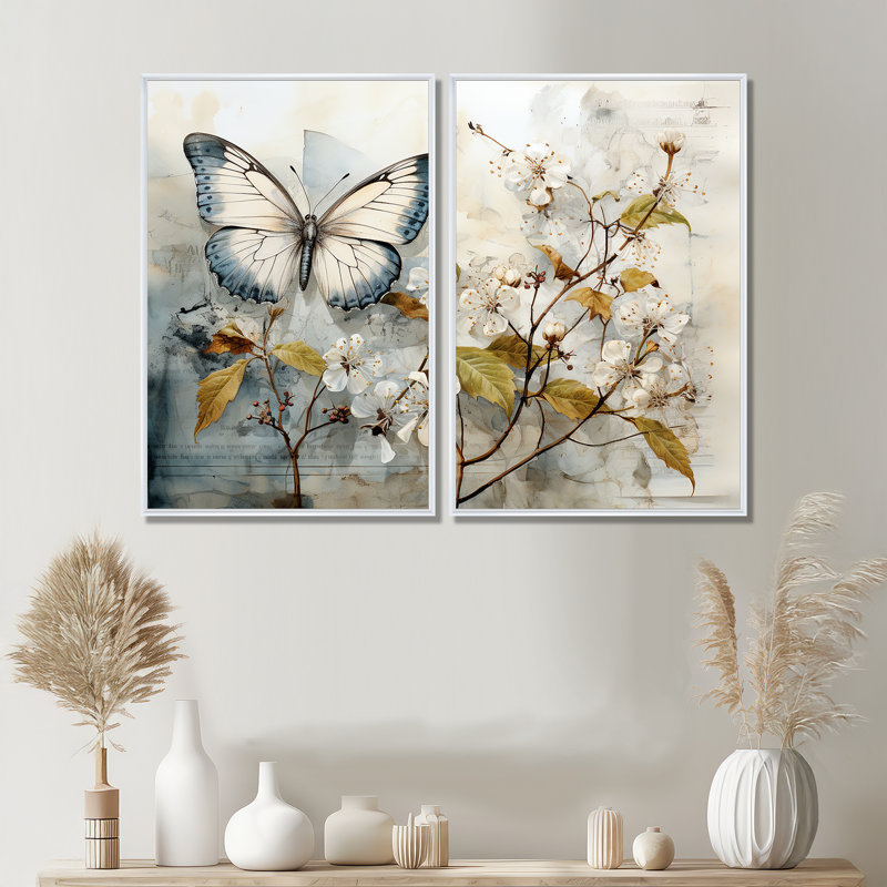 Collette - grand ensemble d'art mural de 2 papillons, 36" H x 48" W, Impression encadrée flottante, White
