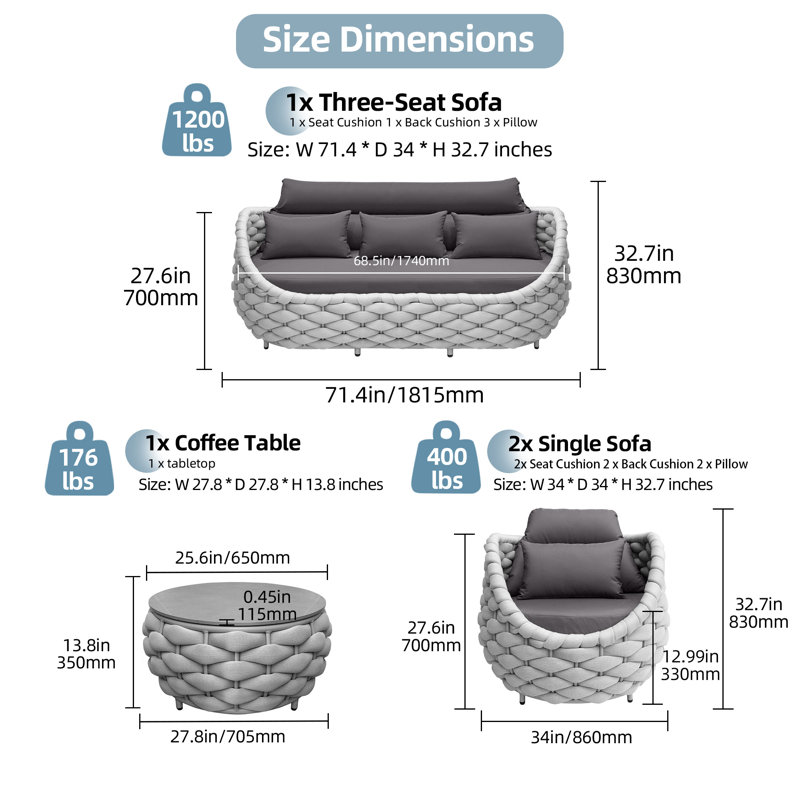 5 Person 4 Set Soft Polyester Rope Indoor/Outdoor Conversation Set For Bistro Garden Balcony Porch Deck Backyard Cafe, No
