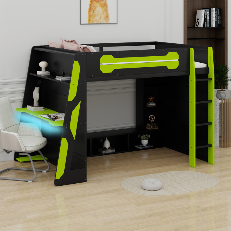 Lit mezzanine en bois avec bureau, tablettes multiples et lumière RVB, Vert