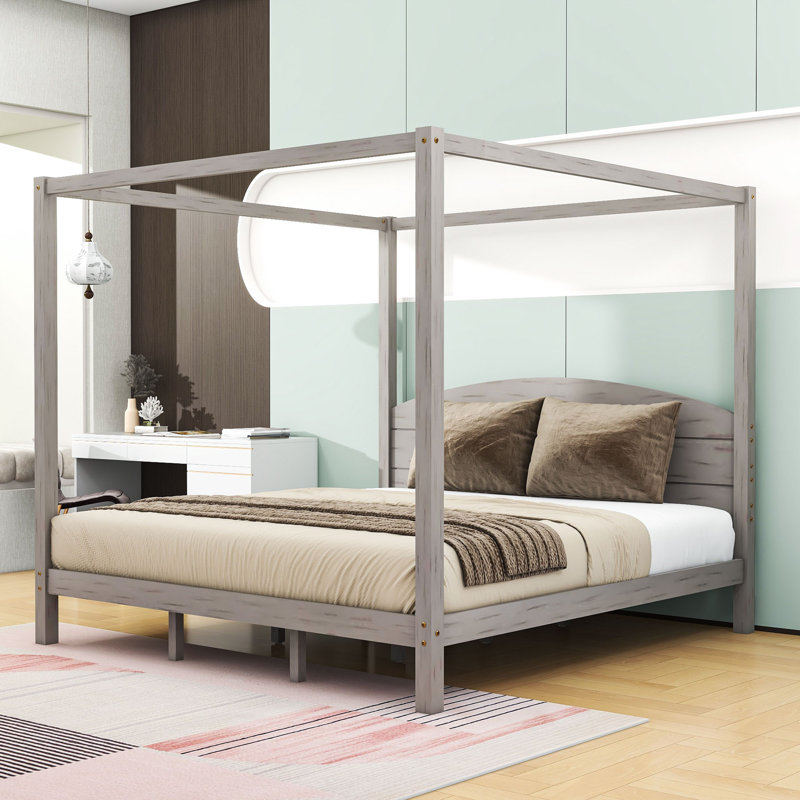 King Size Canopy Platform Bed with Sturdy Wooden Slats and Under Bed Storage, Gray Wash