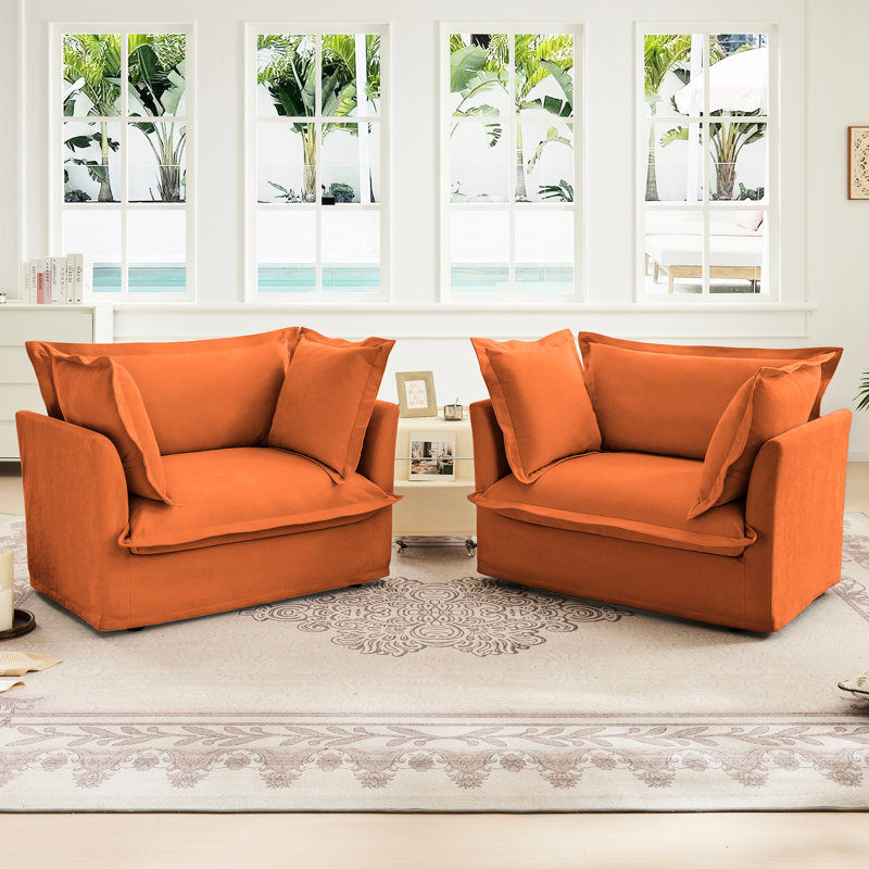 De 2 fauteuils en chenille orange avec coussins à haut dossier, assise spacieuse et design naturel pour siège de chambre à coucher en orange, housses douces et amovibles, espaces confortables et variés