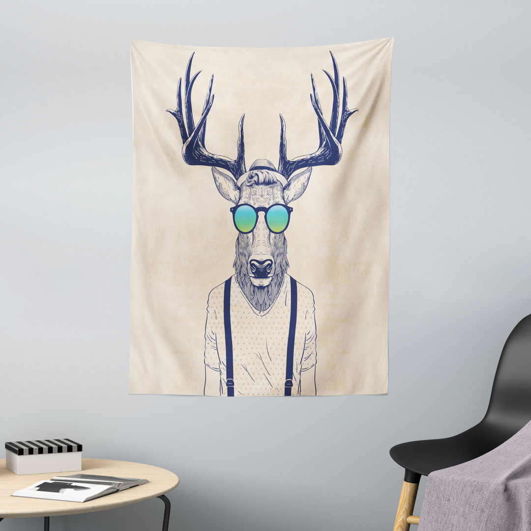 Tapisserie, Hipster Cool Fun Animal, Beige Dunkelblau