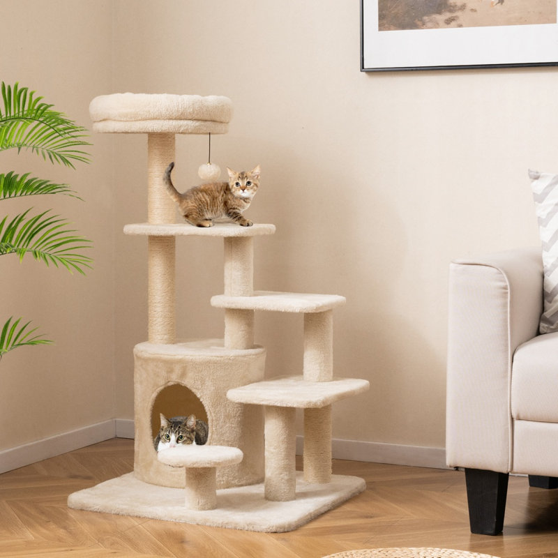 Arbre à chat à plusieurs niveaux de 101,6 cm avec niche et balle à grelots suspendue, beige, Beige