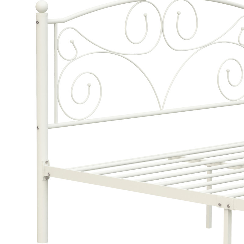 Structure de lit en métal blanc, conception florale unique pour la durabilité, la capacité de charge silencieuse et grande, pas de sommier blanc requis, système, bruit, facile à assembler,