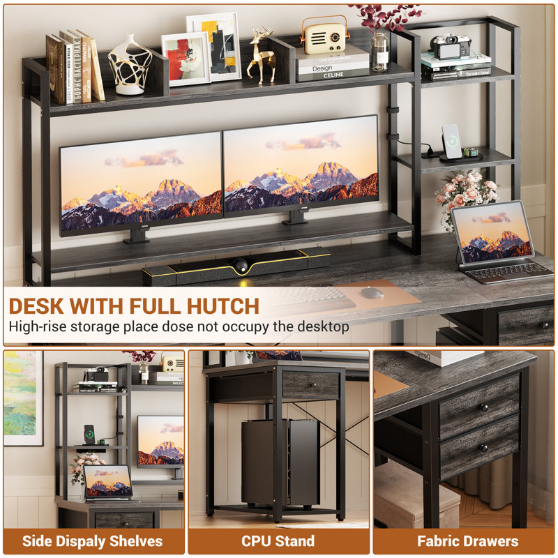 Computer Desk with Hutch, Storage Shelves, Power Outlets & LED Lights, Gray/Black, 59" H x  55.2" W x 18.9" D
