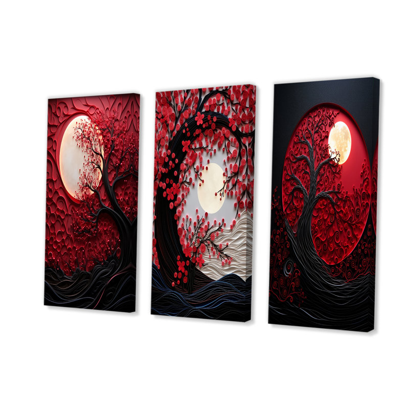 Ensemble de salon 3 pièces Red Moon Ruby Radiance - Moon Wall Art, H 28 po x l 36 po, Toile tendue