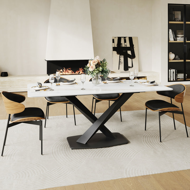 71" Modern Retangular Dining Table for 4-6, Glossy White Faux Marbke Table top, X-Shaped Stainless Steel Legs, Black