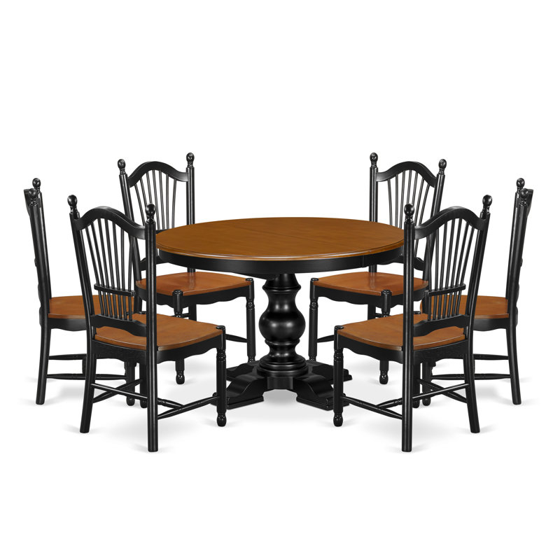 Ensemble de table de cuisine 7 pièces composé d'une table de cuisine en bois massif avec rallonge et base piédestal, 6 chaises en bois, dossier à lattes, finition noire