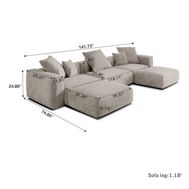 Olivery Nedek Upholstered Boneless 5-Piece Modern Modular Cloud Corduroy Fabric Sectional Sofa With Ottoman, Gray Corduroy