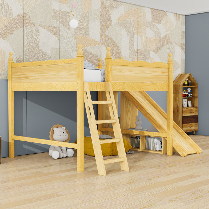Lit mezzanine avec tablettes de rangement et armoire, Grand, Naturel