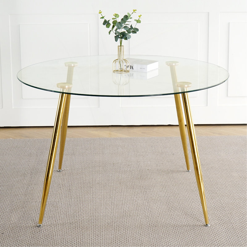 Table en verre moderne simple de 47,2 po, matériau en métal de verre trempé de haute qualité, pieds plaqués or, convient pour la cuisine de restaurant (ensemble de 1)