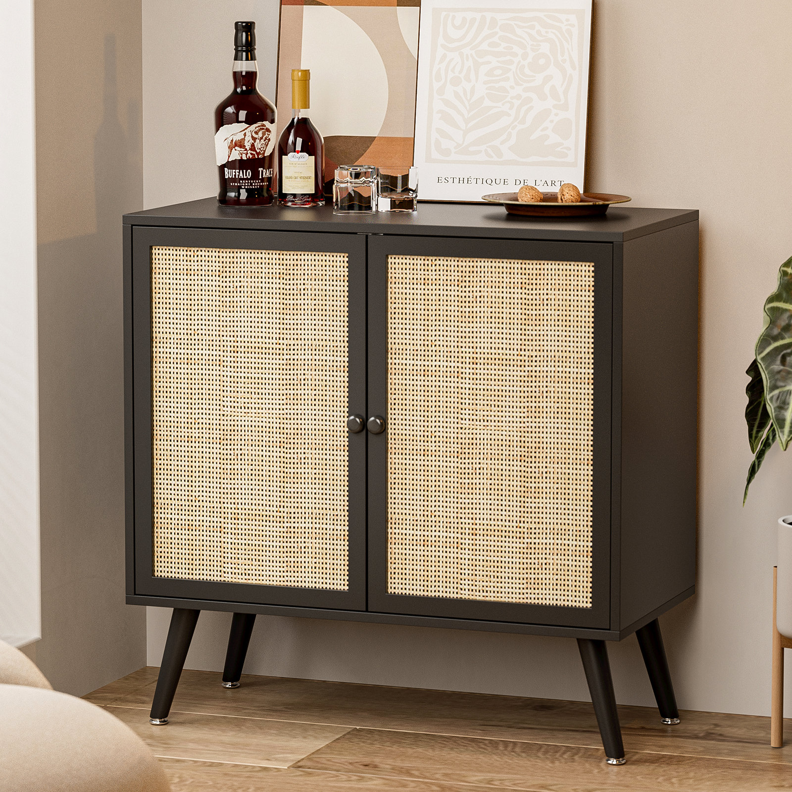 Ikifly Black Rattan Sideboard Buffet Cabinet With 2 Handmade Natural ...