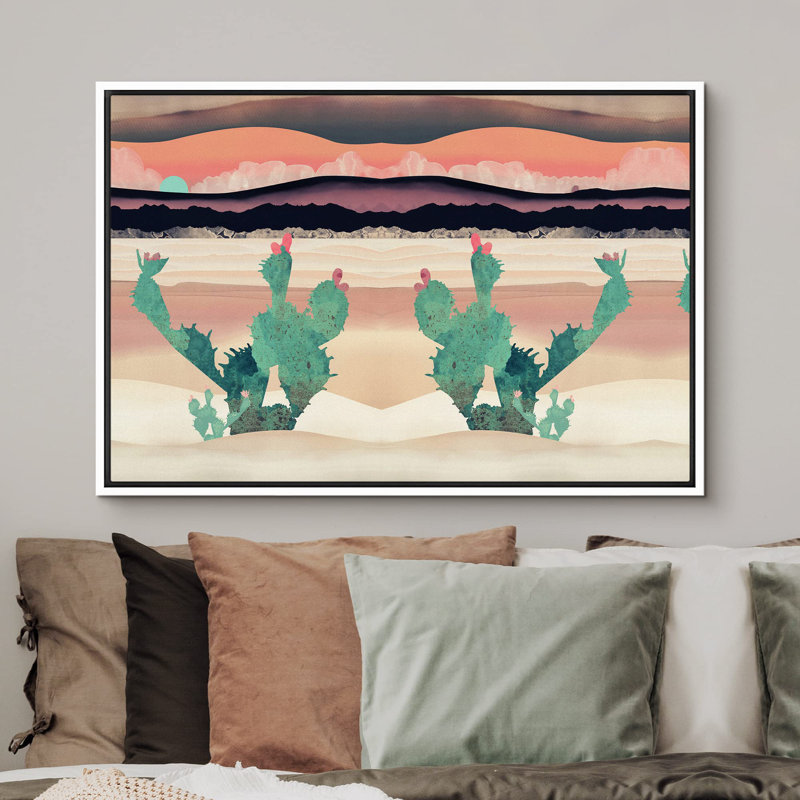 «Green Desert Cactus With Pink Flowers Abstract Wilderness Illustration Modern Art Rustic Scenic» sur toile, Blanc