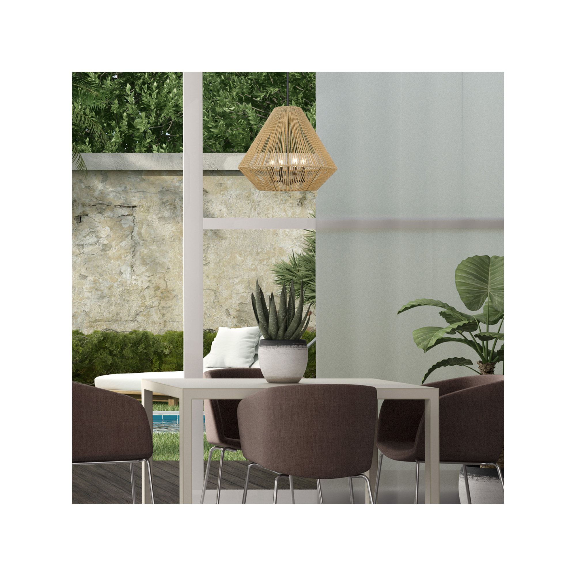 Simon 4 Light Cotton Steel Dimmable Pendant, Natural Raphia Rope