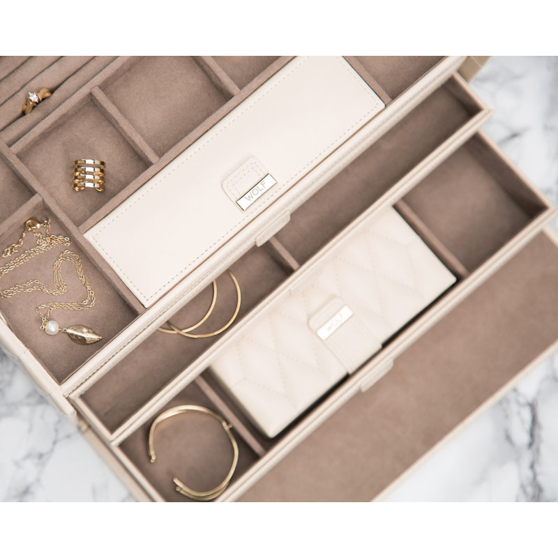 Ivory Quilted Leather Rectangular Jewelry Travel Case