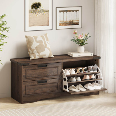 Guinna Farmhouse Entryway Bench, Wood Shoe Storage Bench With Flip Drawer, Enter Way Bench Shoe Cabinet Organizer, Hidden Shoe Rack Bench For Living Room Hallway