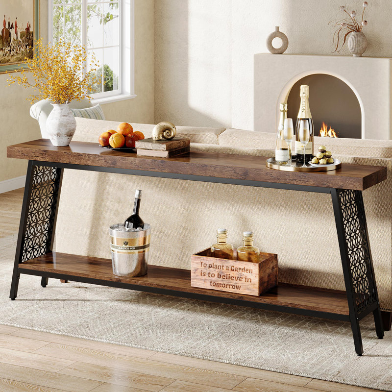 Rustic Brown and Black 70.9" Industrial Console Table with Storage Shelf