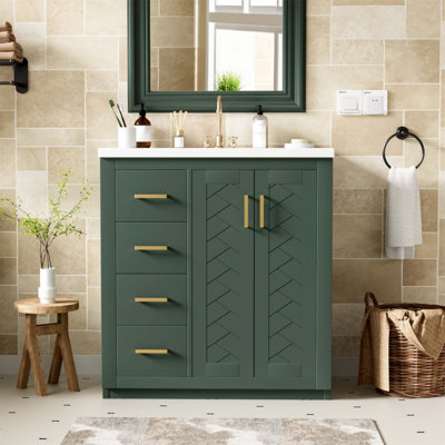 30 Inch Bathroom Vanity With Ceramic Sink, Solid Wood Frame, Freestanding Storage Cabinet With 3 Drawers And Soft Closing Doors