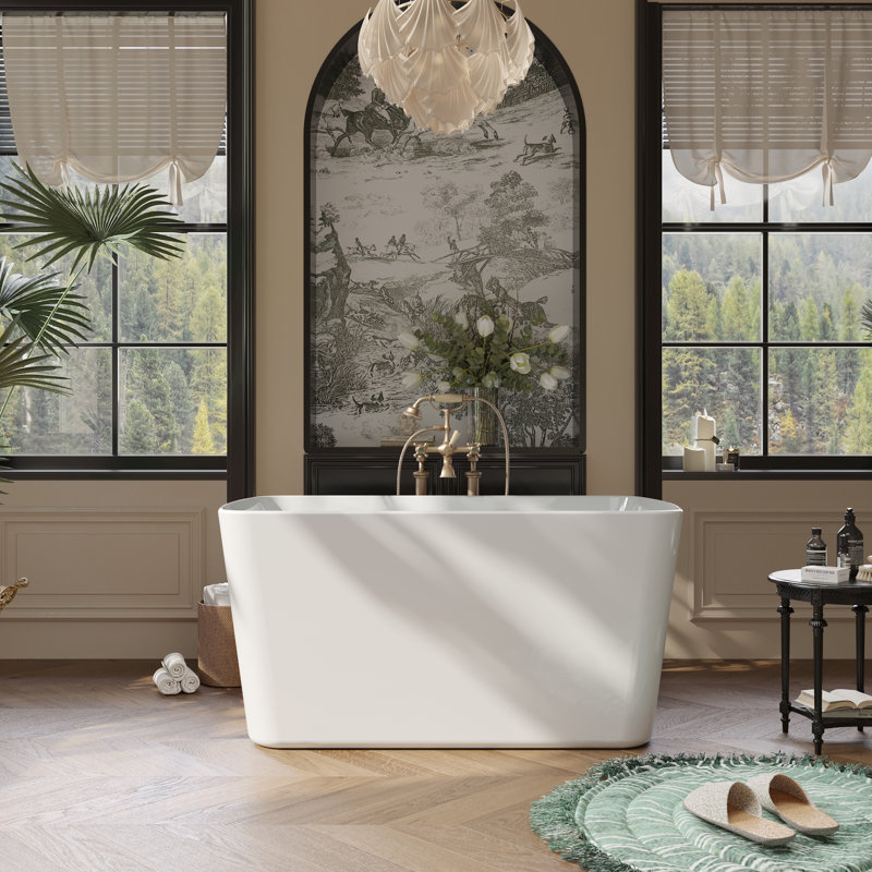 49'' Freestanding Soaking Acrylic Bathtub, Square-shape Japanese Soaking Hot Tub with Built-in Seat, Chrome Overflow and Drain