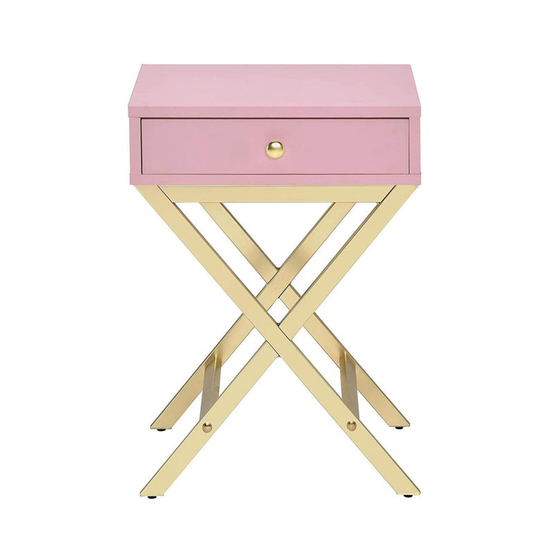 Rectangular Side Table With One Drawer, Pink And Gold