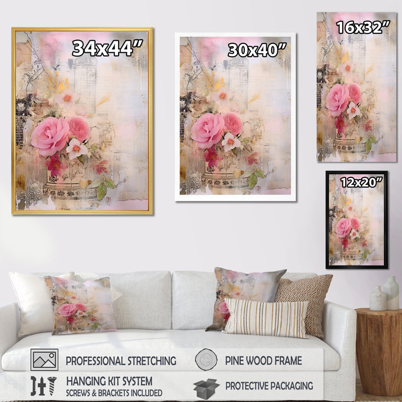 Illustration rétro de la rose en fleurs, H 20 po x l 12 po x P 1 po, Cadre photo blanc