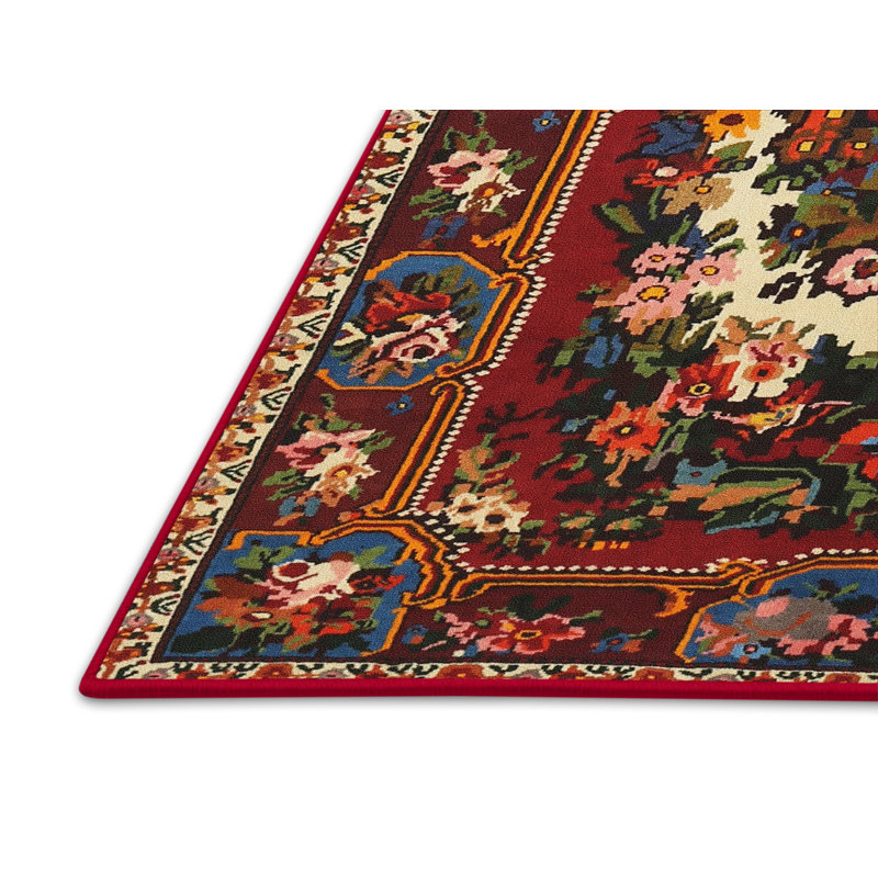 Tapis rouge/beige/noir traditionnel Telang, Rectangle 7 pi x 10 pi