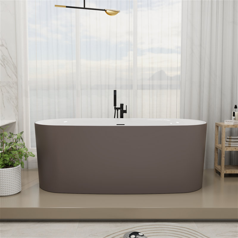 59'' x 28'' Brown Freestanding Soaking Acrylic Bathtub with Chrome Drain