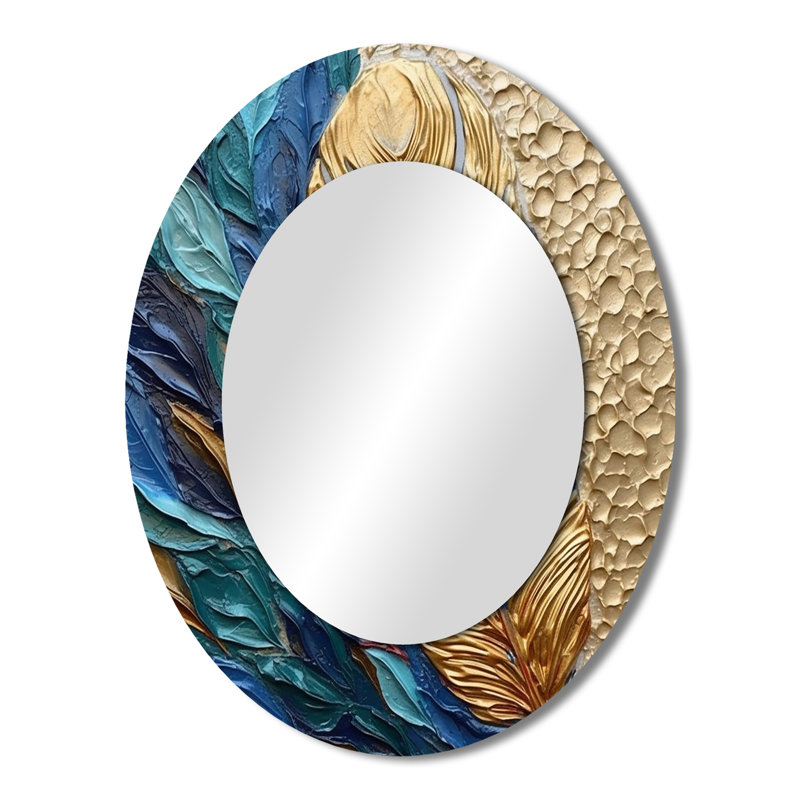 Boho Glam Exquisite Gold On Blue Feather PaintingV - Gold Bohemian Oval Wall Mirror, 43 po x 33 po