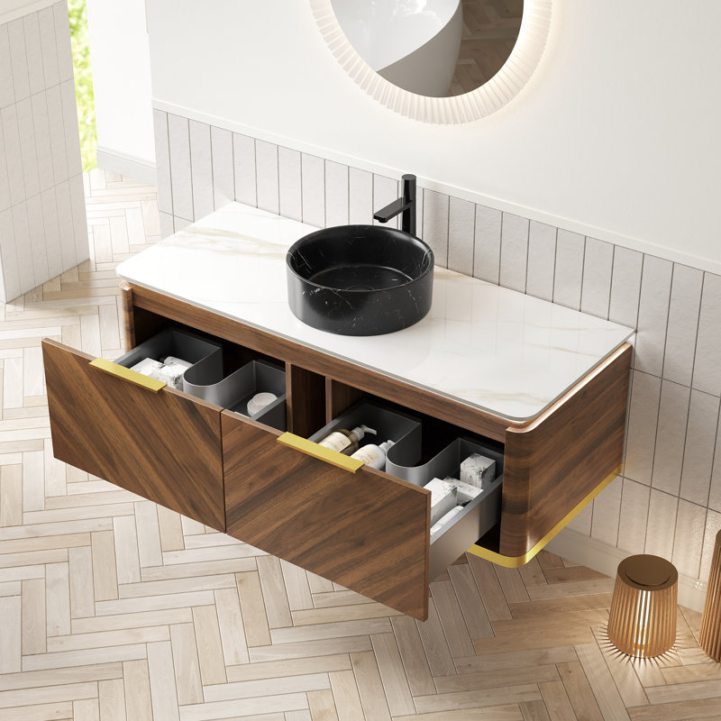 Meuble-lavabo de 48 po, lavabo avec motif en pierre noire, tiroirs d'armoire flottants, poignée dorée, capteur, comptoir fritté, noyer foncé, lavabo avec meuble