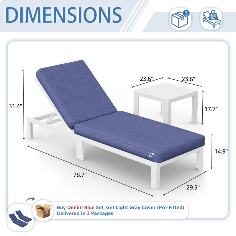 Ensemble de chaises longues d'extérieur en aluminium 4 pièces avec dossiers réglables, tables d'appoint et coussins, Blue