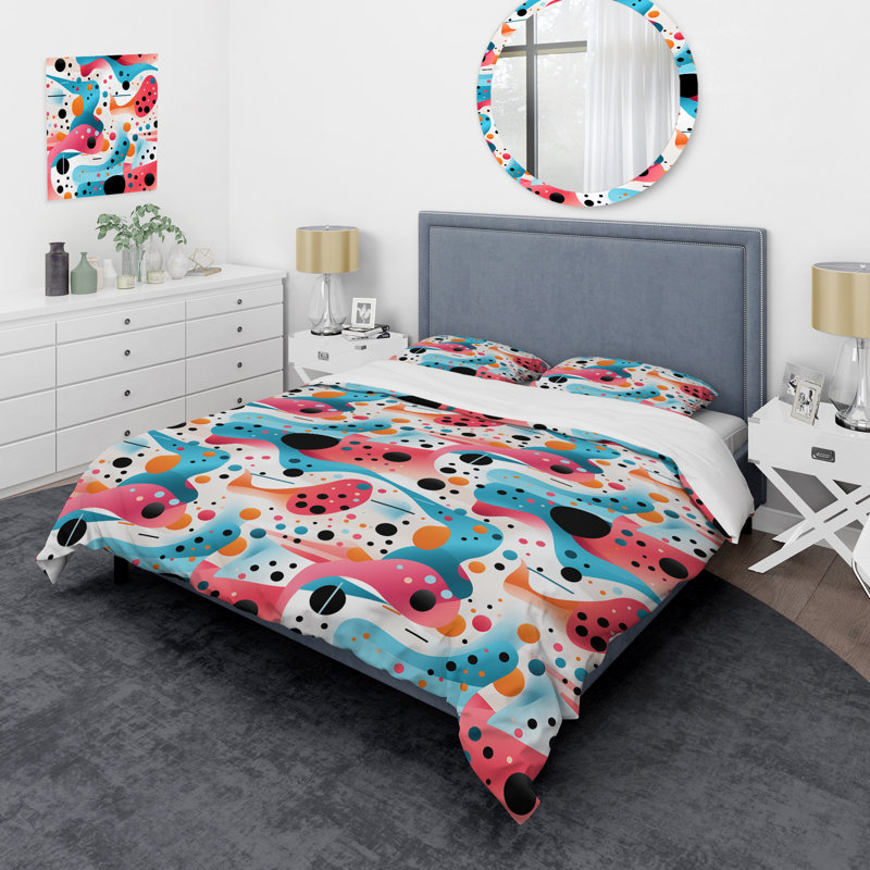 Literie rose et bleu 1950S, Housse de couette pour grand lit et 2 taies décor