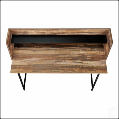 Bureau d'ordinateur contemporain en bois récupéré avec tablettes de rangement, idéal pour les bureaux à domicile et les espaces d'étude.