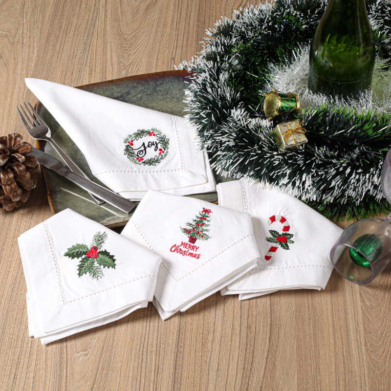 Serviettes en coton brodées, lavables à la machine - 18 po x 18 po, blanc, vert et rouge