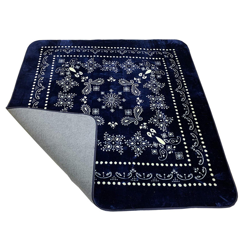 Camdenton Soft Touch Blanket Area Rug Oriental Paisley Navy Design Slip Resistant Dot Backing Square 6' x 6'
