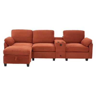 Modern Corduroy Sectional Sofa with Storage Ottoman, Cup Holders, and USB Charging Ports