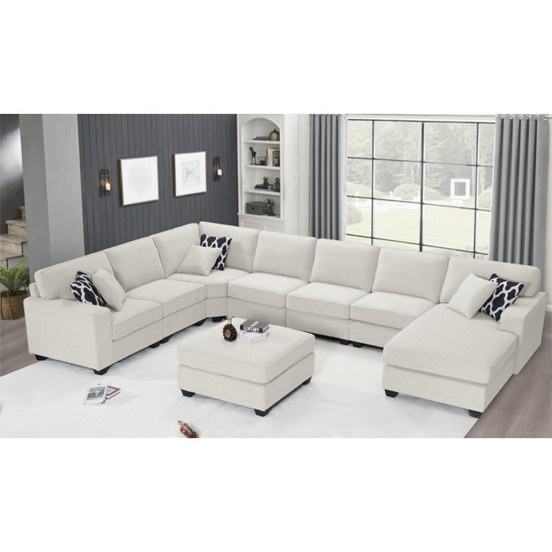 165.7" Wide Reversible Modular Sectional with Ottoman, Cream Polyester Blend