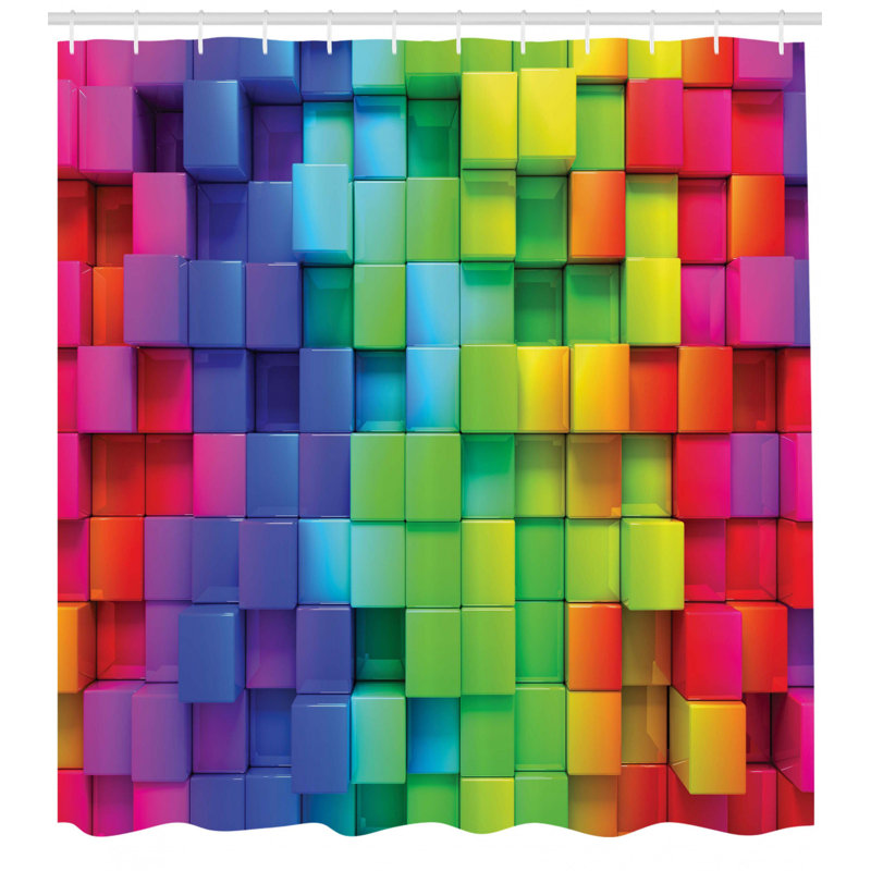Vibrant Multicolor Geometric Fabric Shower Curtain with Hooks