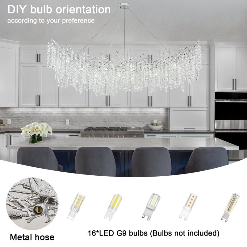 Tree Branch Snow Crystal Chandelier Lighting 63"L, Silver/White